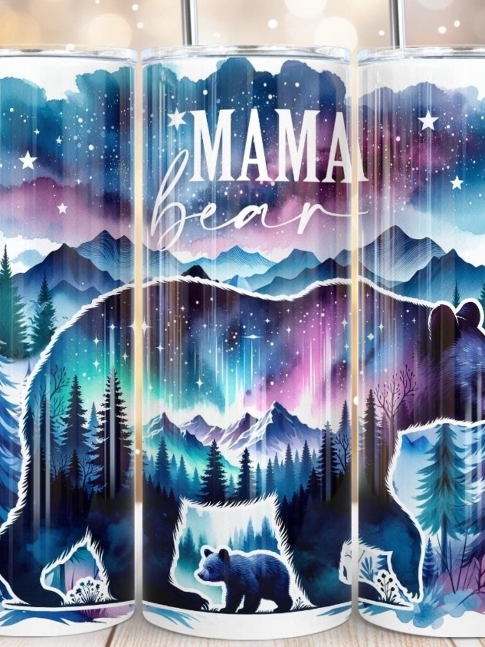 Mama Bear Aurora Night Wall Decal - Blue Purple 20 Oz Skinny Tumbler